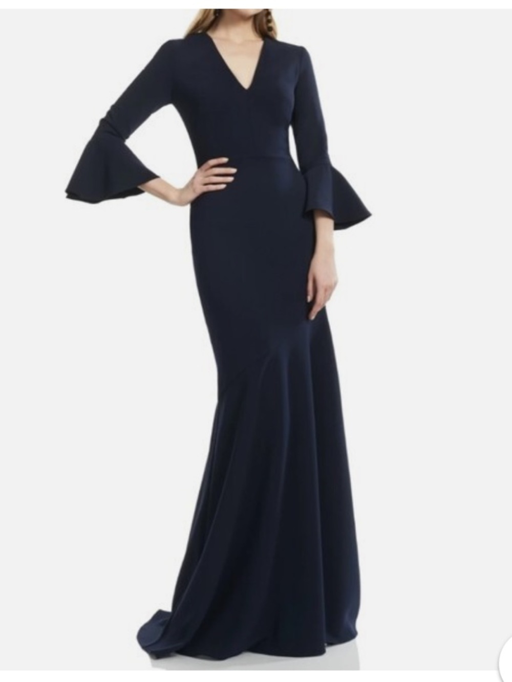 Theia Navy V‑Neck Mermaid Gown with Bell Sleeves